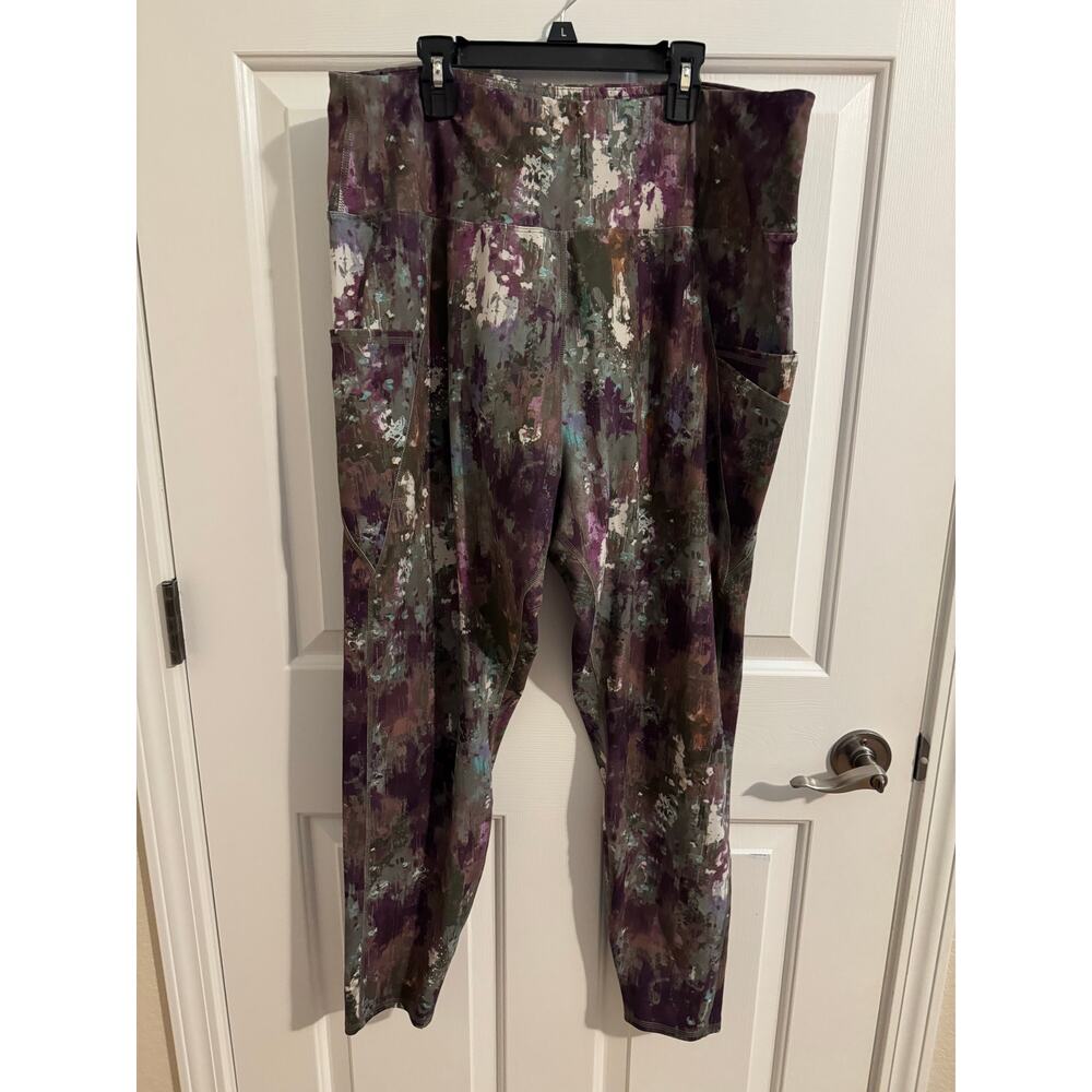 Tahari Sport High Waist 7/8 Leggings Pockets Watercolor Green Purple Plus 2X